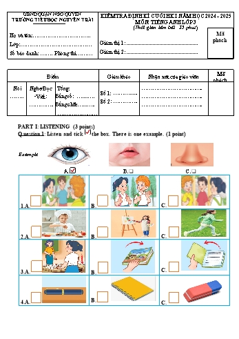 Đề kiểm tra định kì cuối học kì I môn Tiếng Anh Lớp 3 - Năm học 2024-2025 - Trường Tiểu học Nguyễn Trãi (Có đáp án + Ma trận)