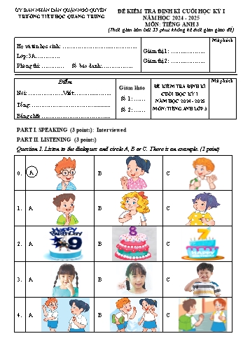 Đề kiểm tra định kì cuối học kì I môn Tiếng Anh Lớp 3 - Năm học 2024-2025 - Trường Tiểu học Quang Trung (Có đáp án + Ma trận)