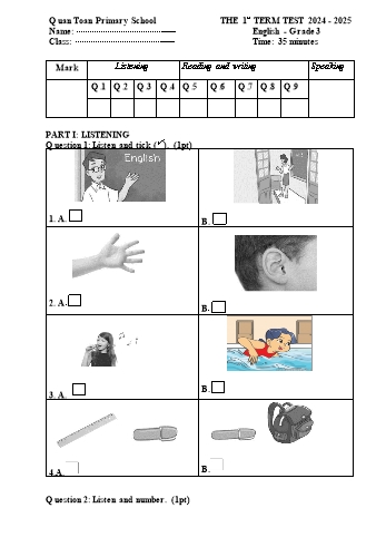 Đề kiểm tra định kì cuối học kì I môn Tiếng Anh Lớp 3 - Năm học 2024-2025 - Trường Tiểu học Quán Toan (Có đáp án + Ma trận)