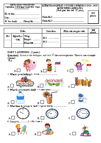 Đề kiểm tra định kì cuối học kì I môn Tiếng Anh Lớp 4 - Năm học 2024-2025 - Trường Tiểu học Nguyễn Trãi (Có đáp án + Ma trận)