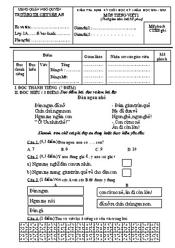 Đề kiểm tra định kì cuối học kì I môn Tiếng Việt Lớp 1 - Năm học 2024-2025 - Trường Tiểu học Chu Văn An (Có đáp án + Ma trận)