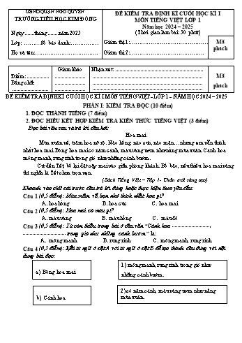 Đề kiểm tra định kì cuối học kì I môn Tiếng Việt Lớp 1 - Năm học 2024-2025 - Trường Tiểu học Kim Đồng (Có đáp án + Ma trận)