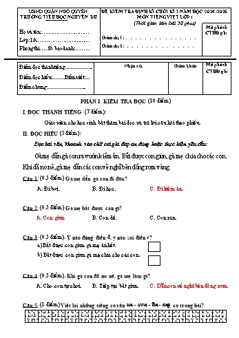 Đề kiểm tra định kì cuối học kì I môn Tiếng Việt Lớp 1 - Năm học 2024-2025 - Trường Tiểu học Nguyễn Du (Có đáp án + Ma trận)