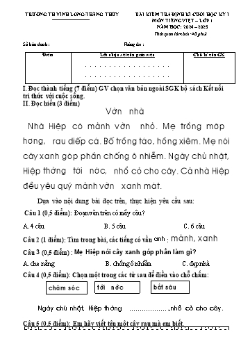 Đề kiểm tra định kì cuối học kì I môn Tiếng Việt Lớp 1 - Năm học 2024-2025 - Trường Tiểu học Vĩnh Long-Thắng Thủy (Có đáp án)