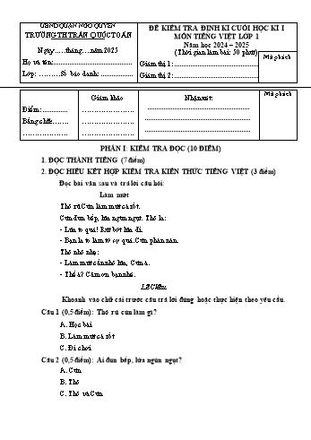 Đề kiểm tra định kì cuối học kì I môn Tiếng Việt Lớp 1 - Năm học 2024-2025 - Trường Tiểu học Trần Quốc Toản (Có đáp án + Ma trận)