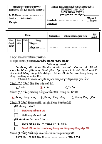 Đề kiểm tra định kì cuối học kì I môn Tiếng Việt Lớp 1 - Năm học 2024-2025 - Trường Tiểu học Lê Hồng Phong (Có đáp án + Ma trận)