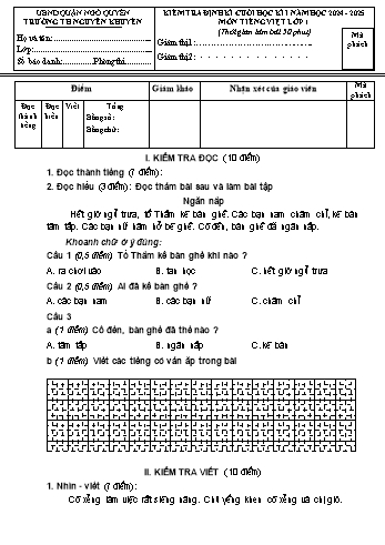Đề kiểm tra định kì cuối học kì I môn Tiếng Việt Lớp 1 - Năm học 2024-2025 - Trường Tiểu học Nguyễn Khuyến (Có đáp án + Ma trận)