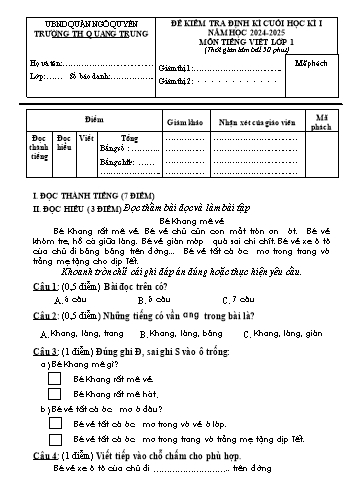 Đề kiểm tra định kì cuối học kì I môn Tiếng Việt Lớp 1 - Năm học 2024-2025 - Trường Tiểu học Quang Trung (Có đáp án + Ma trận)
