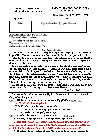 Đề kiểm tra định kì cuối học kì I môn Tiếng Việt Lớp 4 - Năm học 2024-2025 - Trường Tiểu học Đoàn Xá (Có đáp án + Ma trận)