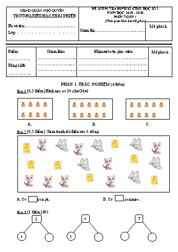 Đề kiểm tra định kì cuối học kì I môn Toán Lớp 1 - Năm học 2024-2025 - Trường Tiểu học Thái Phiên (Có đáp án + Ma trận)