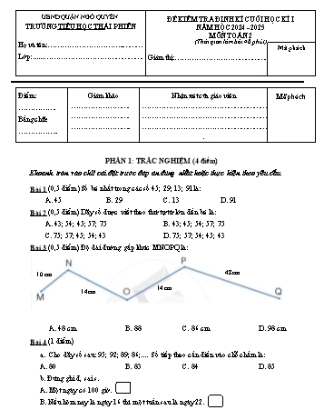 Đề kiểm tra định kì cuối học kì I môn Toán Lớp 2 - Năm học 2024-2025 - Trường Tiểu học Thái Phiên (Có đáp án + Ma trận)