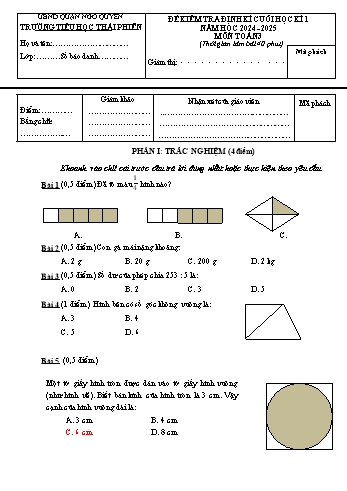 Đề kiểm tra định kì cuối học kì I môn Toán Lớp 3 - Năm học 2024-2025 - Trường Tiểu học Thái Phiên (Có đáp án + Ma trận)