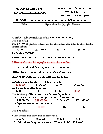 Đề kiểm tra định kì cuối học kì I môn Toán Lớp 4 - Năm học 2024-2025 - Trường Tiểu học Đoàn Xá (Có đáp án)