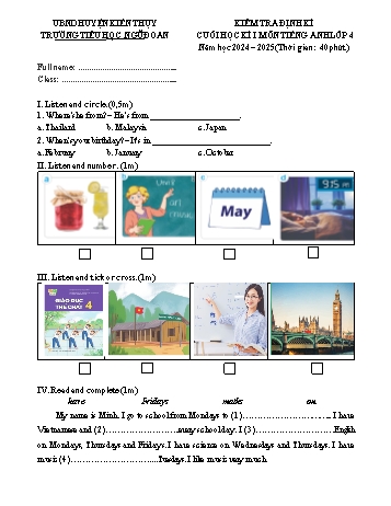 Đề kiểm tra định kì cuối học kỳ I môn Tiếng Anh Lớp 4 - Năm học 2024-2025 - Trường Tiểu học Ngũ Đoan (Có đáp án + File nghe)