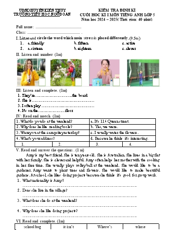 Đề kiểm tra định kì cuối học kỳ I môn Tiếng Anh Lớp 5 - Năm học 2024-2025 - Trường Tiểu học Ngũ Đoan (Có đáp án + File nghe)