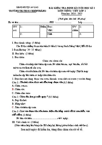 Đề kiểm tra định kì cuối học kỳ I môn Tiếng Việt Lớp 1 - Năm học 2024-2025 - Trường TH&THCS Chiến Thắng (Có đáp án + Ma trận)