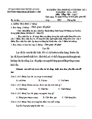 Đề kiểm tra định kì cuối học kỳ I môn Tiếng Việt Lớp 1 - Năm học 2024-2025 - Trường TH&THCS Lê Khắc Cẩn (Có đáp án)