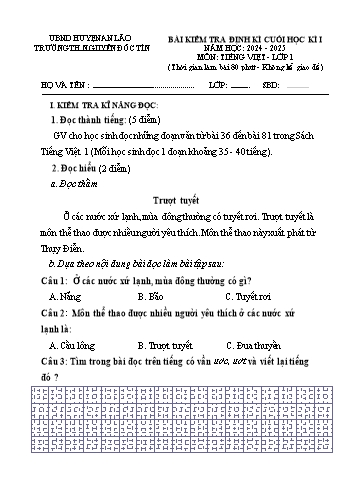 Đề kiểm tra định kì cuối học kỳ I môn Tiếng Việt Lớp 1 - Năm học 2024-2025 - Trường Tiểu học Nguyễn Đốc Tín (Có đáp án)