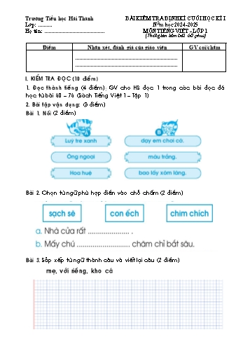 Đề kiểm tra định kì cuối học kỳ I môn Tiếng Việt Lớp 1 - Năm học 2024-2025 - Trường Tiểu học Hải Thành (Có đáp án)