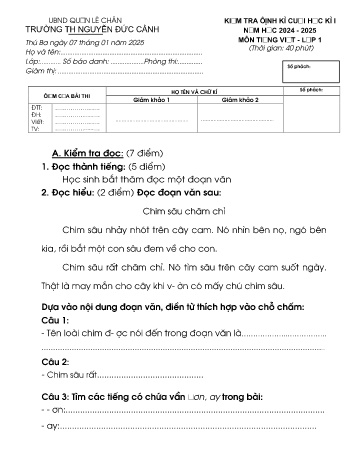 Đề kiểm tra định kì cuối học kỳ I môn Tiếng Việt Lớp 1 - Năm học 2024-2025 - Trường Tiểu học Nguyễn Đức Cảnh (Có đáp án)