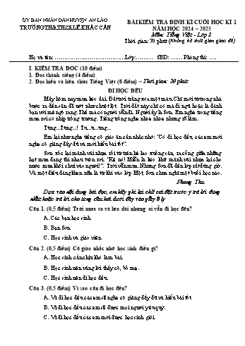 Đề kiểm tra định kì cuối học kỳ I môn Tiếng Việt Lớp 2 - Năm học 2024-2025 - Trường TH&THCS Lê Khắc Cẩn (Có đáp án)