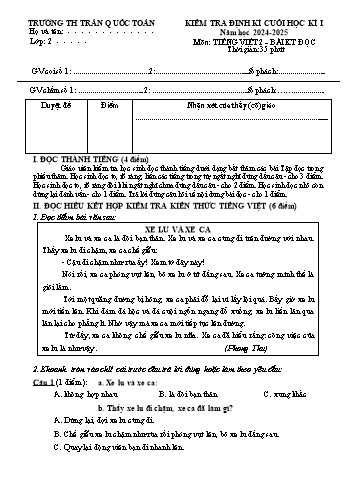 Đề kiểm tra định kì cuối học kỳ I môn Tiếng Việt Lớp 2 - Năm học 2024-2025 - Trường Tiểu học Trần Quốc Toản (Có đáp án)