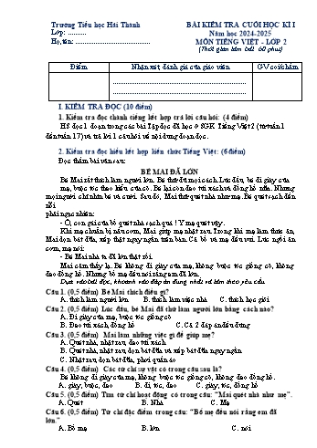 Đề kiểm tra định kì cuối học kỳ I môn Tiếng Việt Lớp 2 - Năm học 2024-2025 - Trường Tiểu học Hải Thành (Có đáp án + Ma trận)