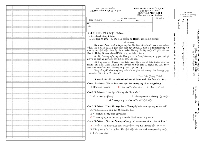 Đề kiểm tra định kì cuối học kỳ I môn Tiếng Việt Lớp 2 - Năm học 2024-2025 - Trường Tiểu học Nguyễn Đức Cảnh