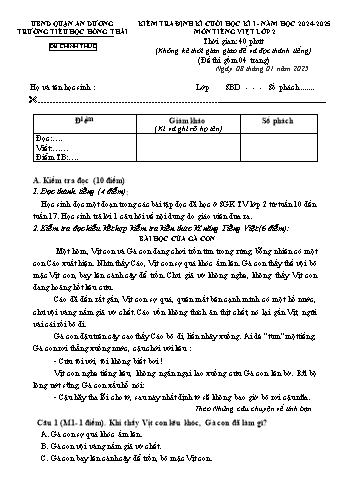 Đề kiểm tra định kì cuối học kỳ I môn Tiếng Việt Lớp 2 - Năm học 2024-2025 - Trường Tiểu học Hồng Thái (Có đáp án)