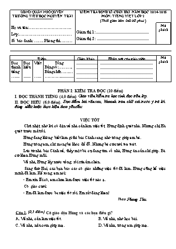 Đề kiểm tra định kì cuối học kỳ I môn Tiếng Việt Lớp 2 - Năm học 2024-2025 - Trường Tiểu học Nguyễn Trãi (Có đáp án + Ma trận)