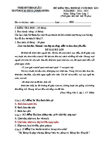 Đề kiểm tra định kì cuối học kỳ I môn Tiếng Việt Lớp 2 - Năm học 2024-2025 - Trường TH&THCS Quang Hưng (Có đáp án)