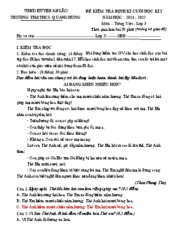 Đề kiểm tra định kì cuối học kỳ I môn Tiếng Việt Lớp 3 - Năm học 2024-2025 - Trường TH&THCS Quang Hưng (Có đáp án)