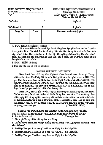Đề kiểm tra định kì cuối học kỳ I môn Tiếng Việt Lớp 3 - Năm học 2024-2025 - Trường Tiểu học Trần Quốc Toản (Có đáp án)