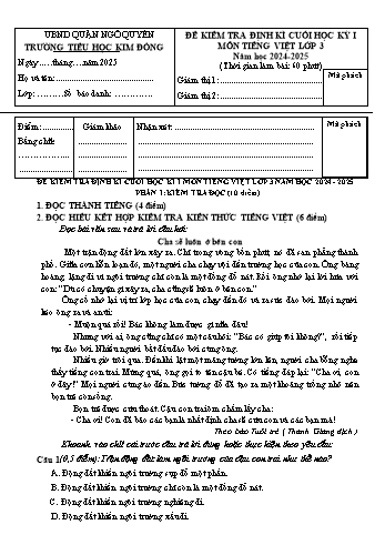 Đề kiểm tra định kì cuối học kỳ I môn Tiếng Việt Lớp 3 - Năm học 2024-2025 - Trường Tiểu học Kim Đồng (Có đáp án + Ma trận)