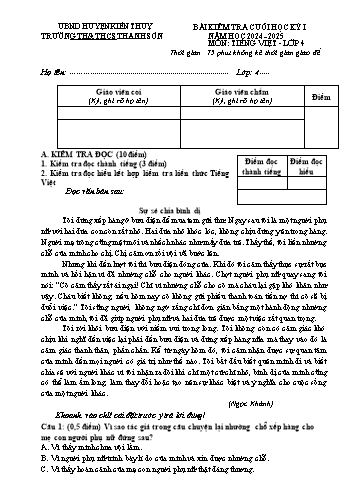 Đề kiểm tra định kì cuối học kỳ I môn Tiếng Việt Lớp 4 - Năm học 2024-2025 - Trường TH&THCS Thanh Sơn (Có đáp án)