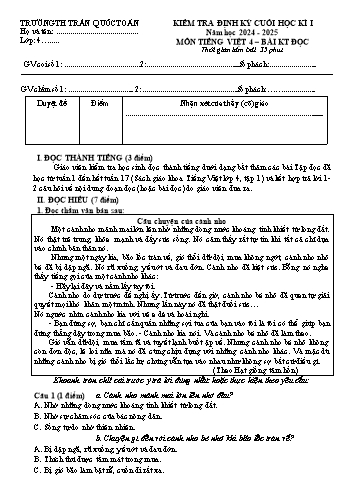 Đề kiểm tra định kì cuối học kỳ I môn Tiếng Việt Lớp 4 - Năm học 2024-2025 - Trường Tiểu học Trần Quốc Toản (Có đáp án)