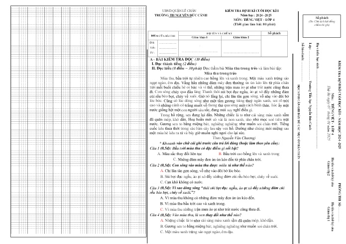 Đề kiểm tra định kì cuối học kỳ I môn Tiếng Việt Lớp 4 - Năm học 2024-2025 - Trường Tiểu học Nguyễn Đức Cảnh