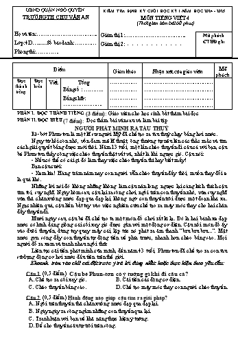 Đề kiểm tra định kì cuối học kỳ I môn Tiếng Việt Lớp 4 - Năm học 2024-2025 - Trường Tiểu học Chu Văn An (Có đáp án + Ma trận)