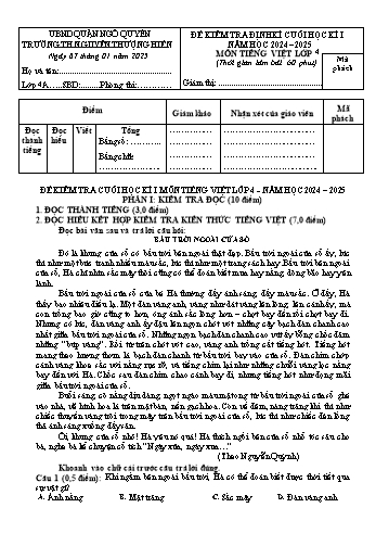 Đề kiểm tra định kì cuối học kỳ I môn Tiếng Việt Lớp 4 - Năm học 2024-2025 - Trường Tiểu học Nguyễn Thượng Hiền (Có đáp án + Ma trận)