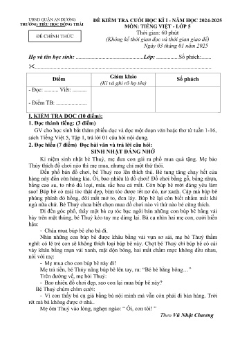 Đề kiểm tra định kì cuối học kỳ I môn Tiếng Việt Lớp 5 - Năm học 2024-2025 - Trường Tiểu học Đồng Thái