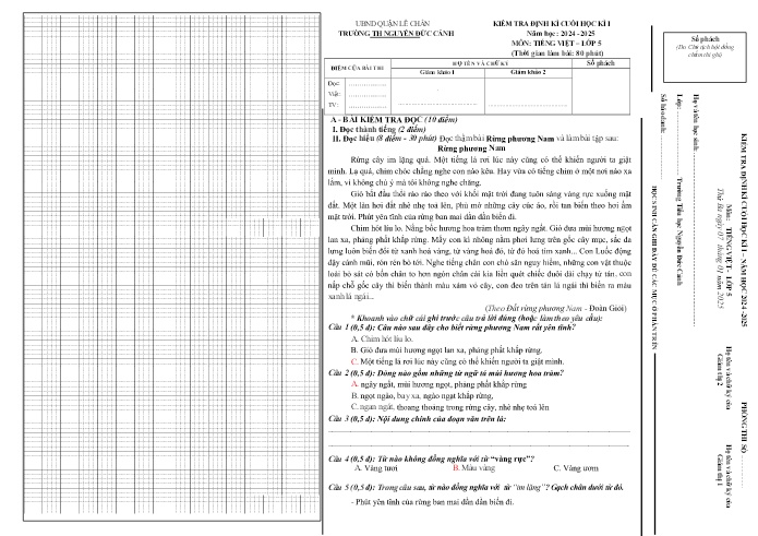 Đề kiểm tra định kì cuối học kỳ I môn Tiếng Việt Lớp 5 - Năm học 2024-2025 - Trường Tiểu học Nguyễn Đức Cảnh