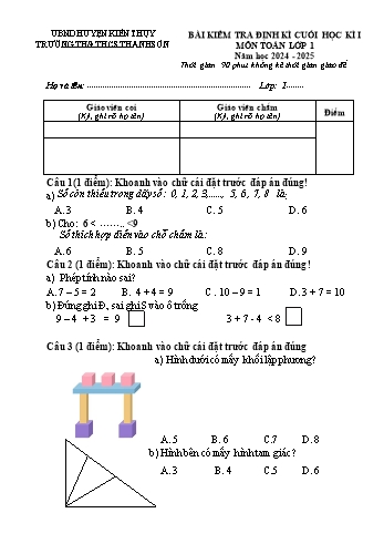 Đề kiểm tra định kì cuối học kỳ I môn Toán Lớp 1 - Năm học 2024-2025 - Trường TH&THCS Thanh Sơn (Có đáp án)