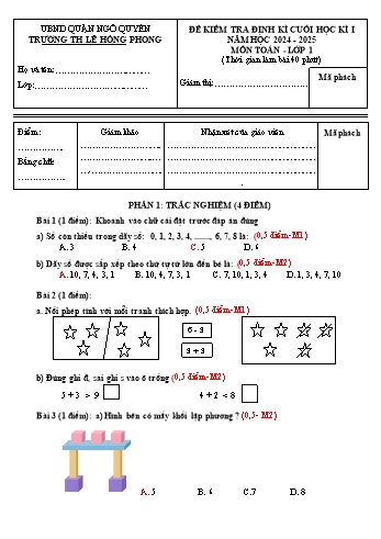 Đề kiểm tra định kì cuối học kỳ I môn Toán Lớp 1 - Năm học 2024-2025 - Trường Tiểu học Lê Hồng Phong (Có đáp án + Ma trận)