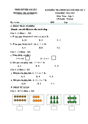 Đề kiểm tra định kì cuối học kỳ I môn Toán Lớp 1 - Năm học 2024-2025 - Trường Tiểu học An Thắng (Có đáp án)