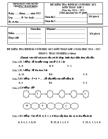 Đề kiểm tra định kì cuối học kỳ I môn Toán Lớp 1 - Năm học 2024-2025 - Trường Tiểu học Kim Đồng (Có đáp án + Ma trận)