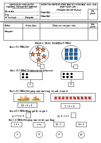 Đề kiểm tra định kì cuối học kỳ I môn Toán Lớp 1 - Năm học 2024-2025 - Trường Tiểu học Nguyễn Khuyến (Có đáp án + Ma trận)