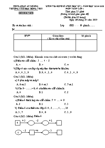 Đề kiểm tra định kì cuối học kỳ I môn Toán Lớp 1 - Năm học 2024-2025 - Trường Tiểu học Hồng Thái (Có đáp án)