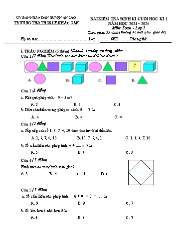 Đề kiểm tra định kì cuối học kỳ I môn Toán Lớp 1 - Năm học 2024-2025 - Trường TH&THCS Lê Khắc Cẩn (Có đáp án)