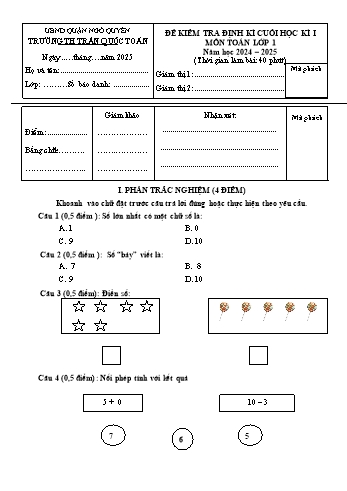 Đề kiểm tra định kì cuối học kỳ I môn Toán Lớp 1 - Năm học 2024-2025 - Trường Tiểu học Trần Quốc Toản (Có đáp án + Ma trận)