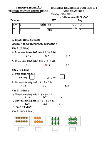 Đề kiểm tra định kì cuối học kỳ I môn Toán Lớp 1 - Năm học 2024-2025 - Trường TH&THCS Chiến Thắng (Có đáp án + Ma trận)